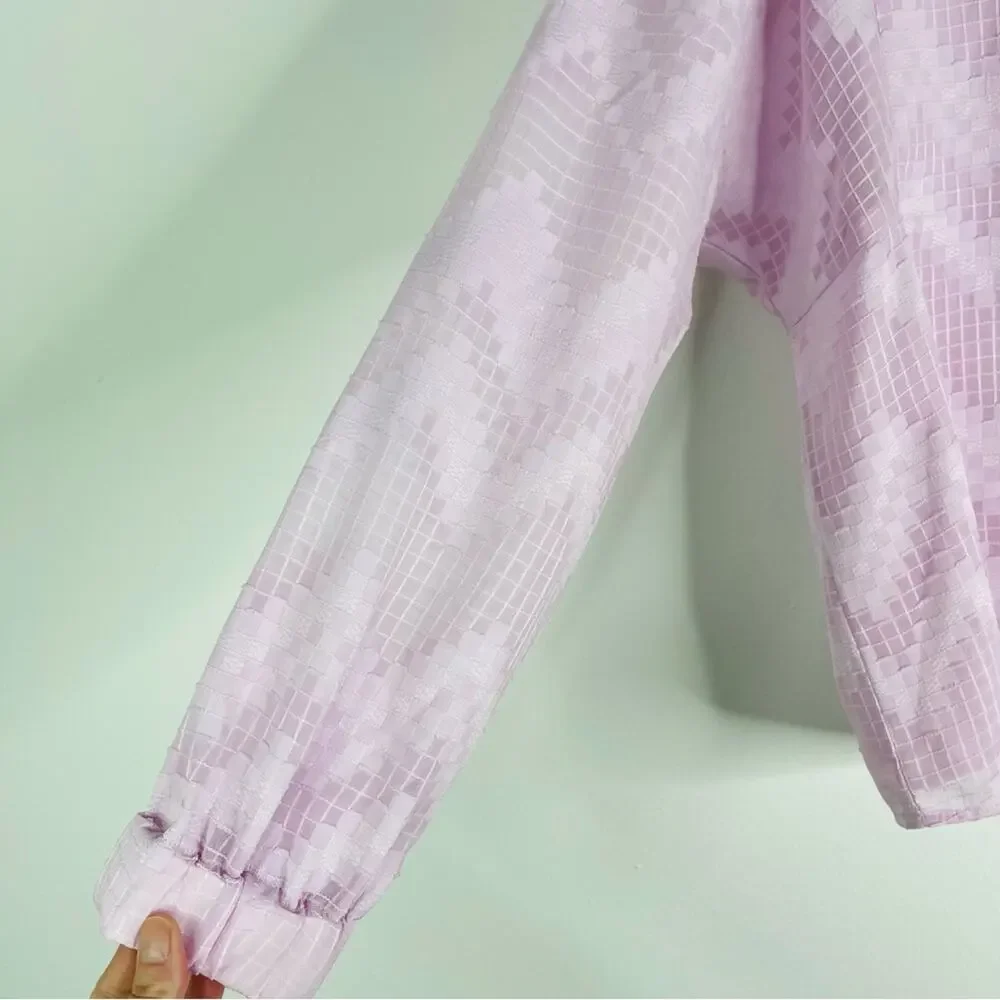 Banana Republic pink purple lavender check puff shoulder blouse top medium